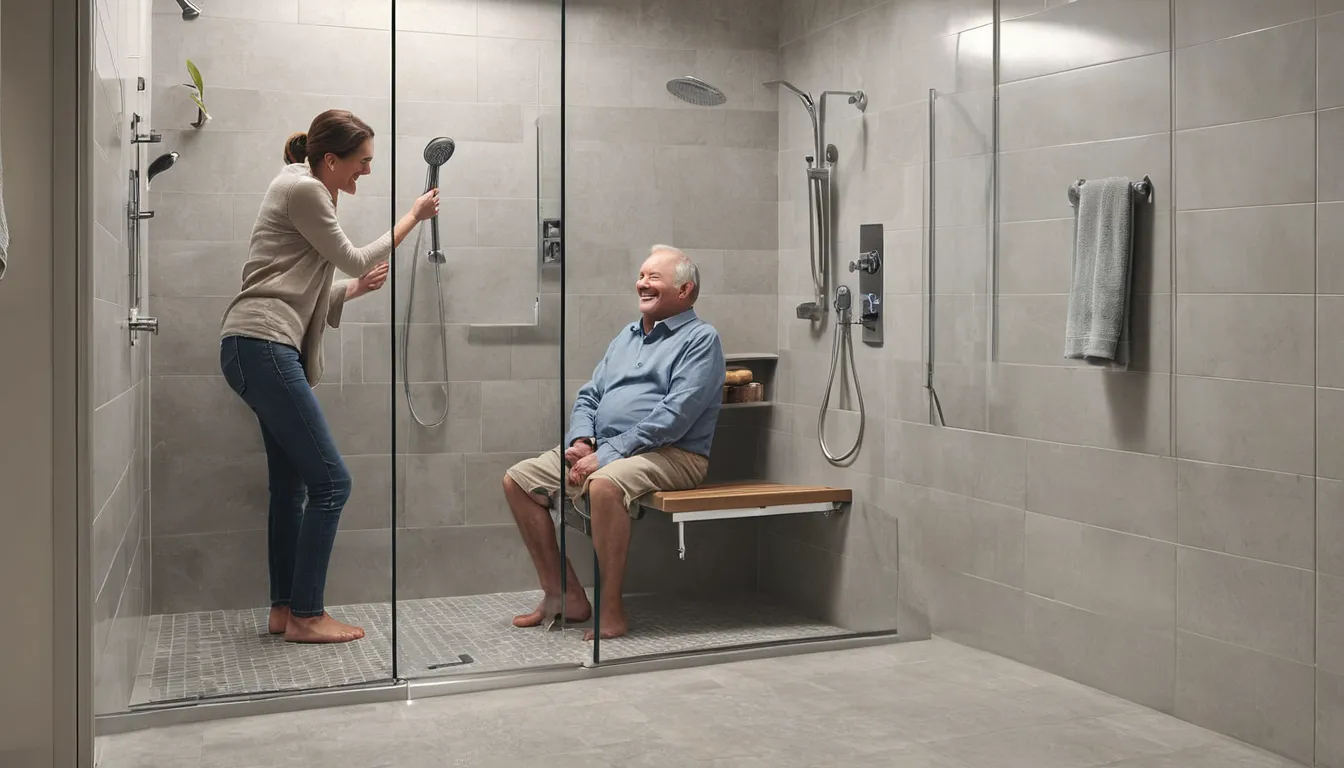 A low-entry accessible shower with a bench and grab bars
