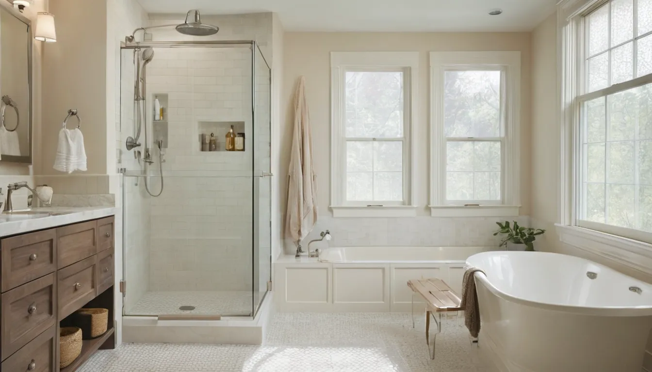 A smiling older homeowner standing beside a new low-entry shower with a grab bar in a bright Burlington bathroom